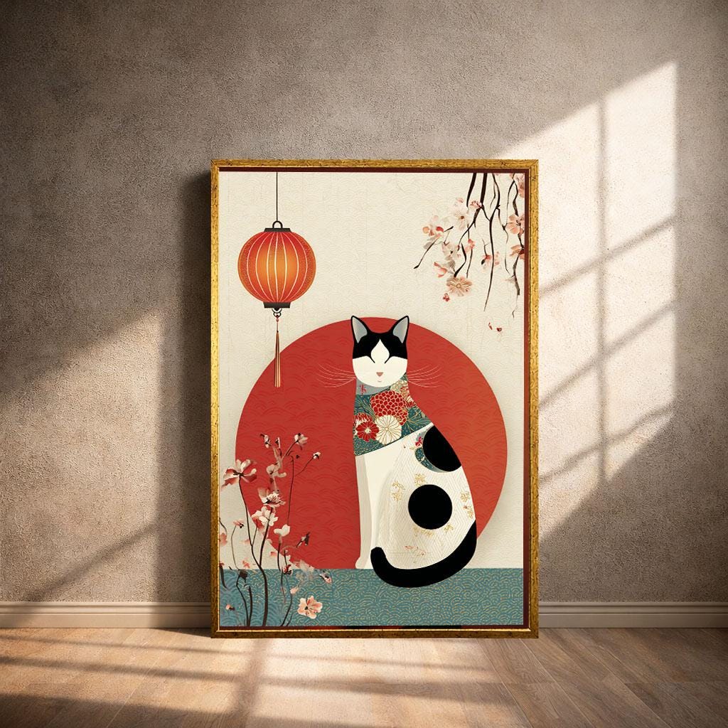 Image 4 of Asian Cat Lantern Canvas Wall Art Print | Oriental Style Living Room Decor | Statement Piece