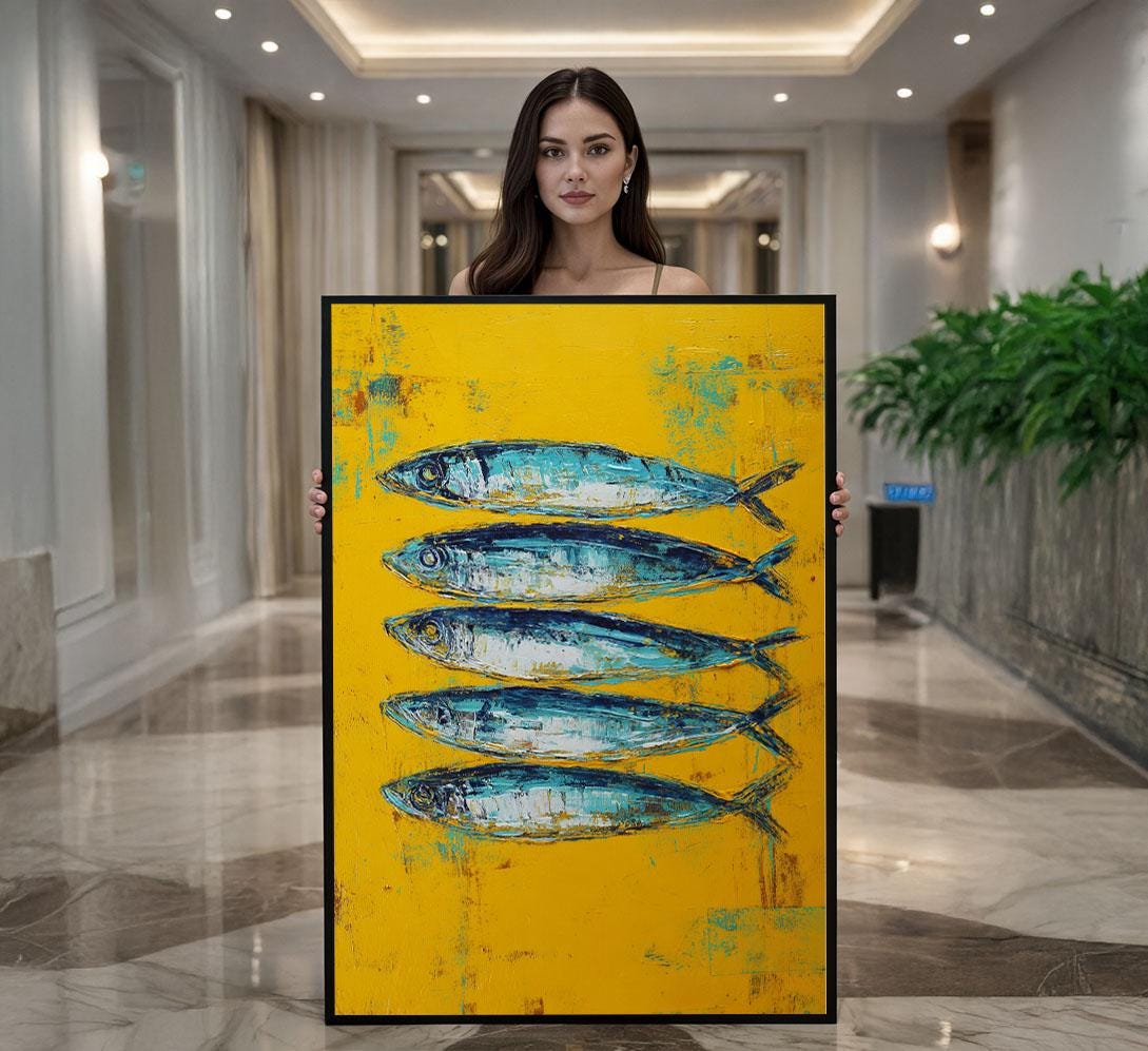 Image 1 of Vibrant Fish School Canvas Wall Art Print | Abstract Yellow Blue Kitchen Decor | Modern Art Lovers