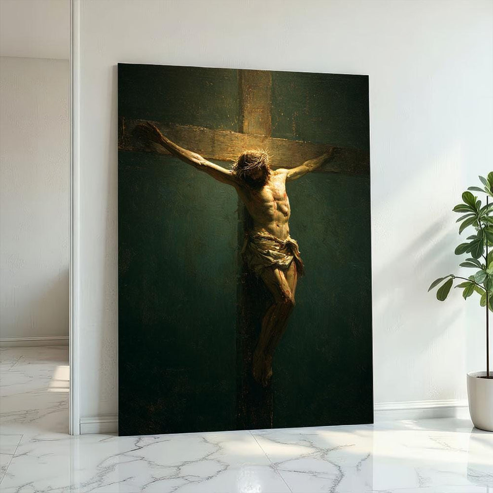 Radiant Jesus Crucifixion Canvas Wall Art Print  Illuminated Living Room Decor  Statement Piece