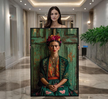 Image 1 of Frida Kahlo Portrait Canvas | Vintage Moss Green Art