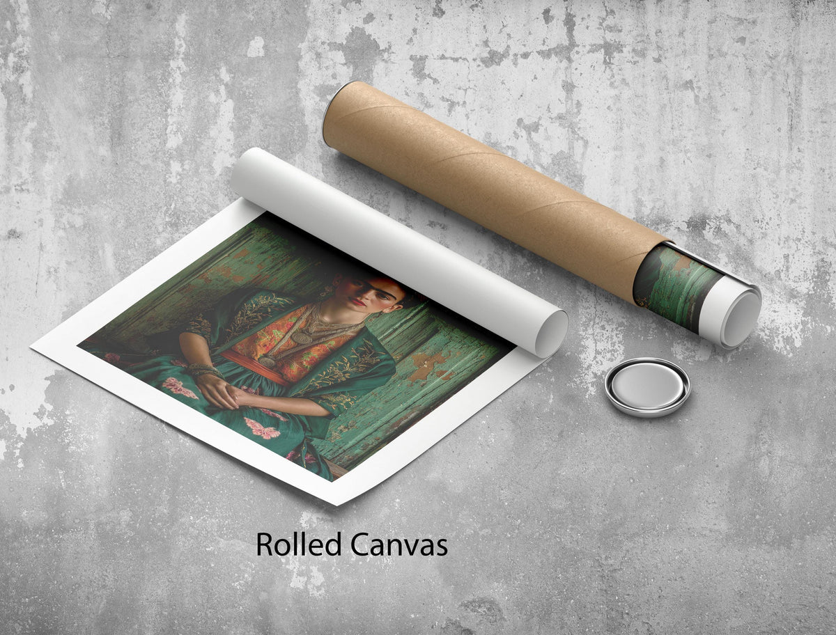 Image 5 of Frida Kahlo Portrait Canvas | Vintage Moss Green Art
