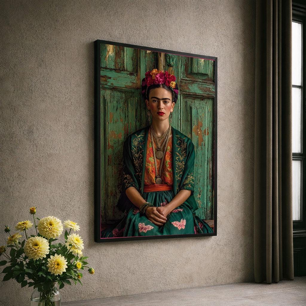 Image 6 of Frida Kahlo Portrait Canvas | Vintage Moss Green Art