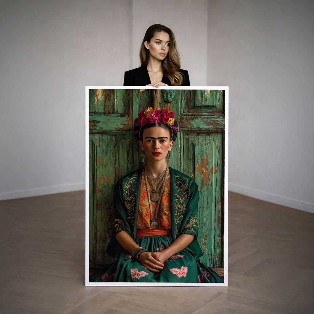 Image 3 of Frida Kahlo Portrait Canvas | Vintage Moss Green Art