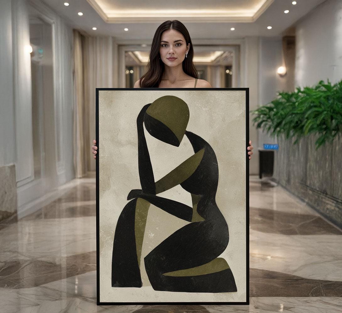 Image 1 of Abstract Figure Canvas | Minimalist Black Olive Art