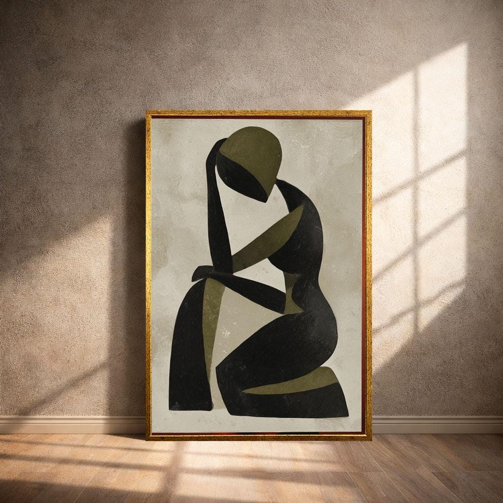 Image 4 of Abstract Figure Canvas | Minimalist Black Olive Art