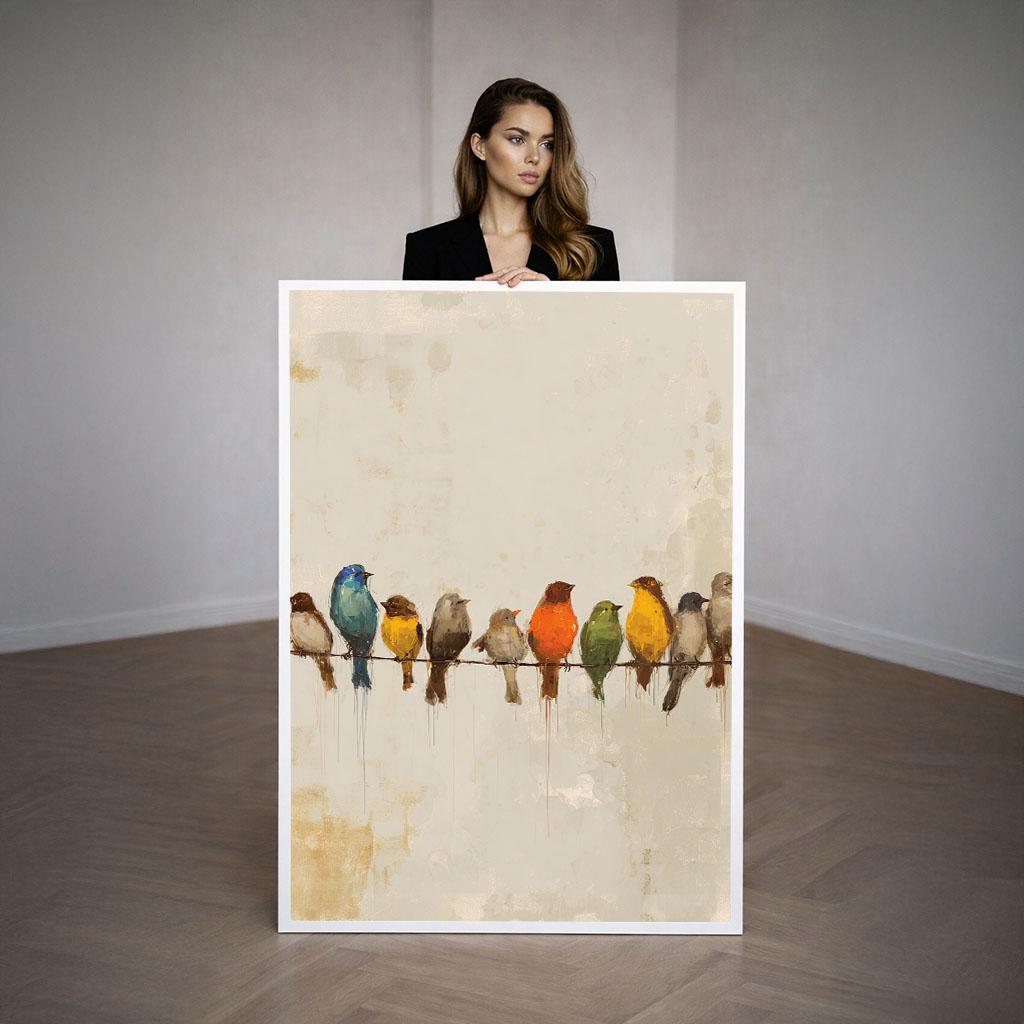 Image 3 of Colorful Birds On Wire Canvas | Modern Nature Art