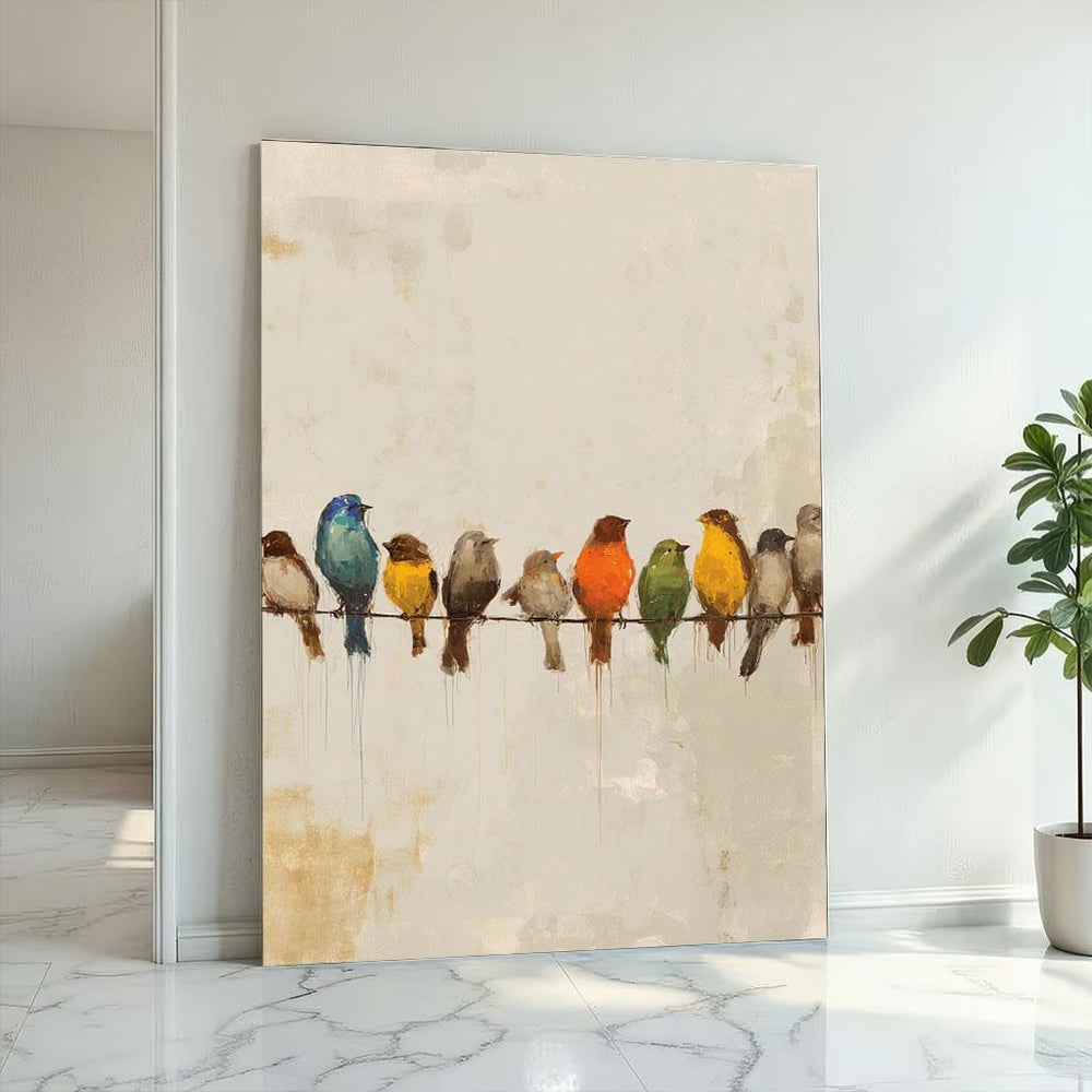 Colorful Birds On Wire Canvas  Modern Nature Art
