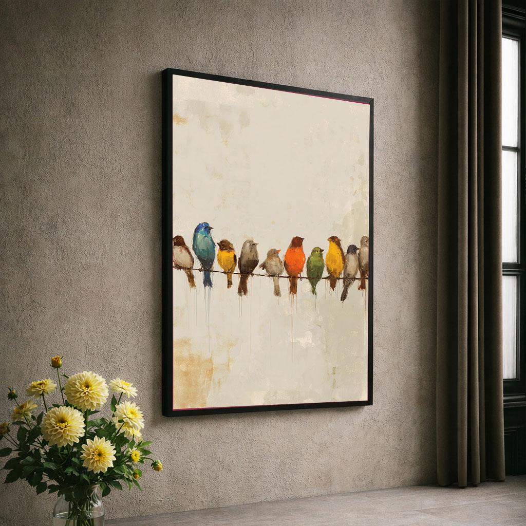 Image 6 of Colorful Birds On Wire Canvas | Modern Nature Art