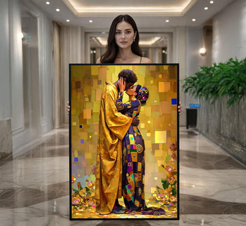 Image 1 of Klimt Inspired The Kiss Canvas | Golden Mosaic Couple Art