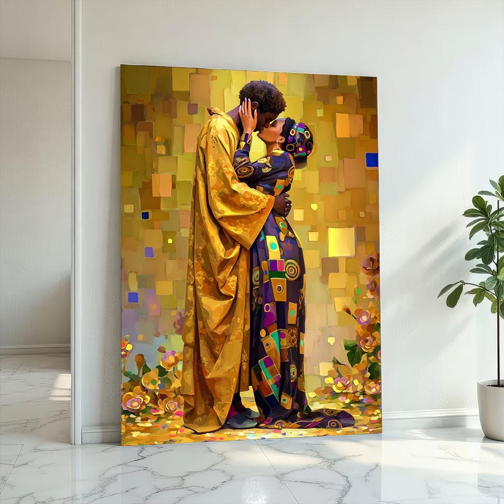 Image 2 of Klimt Inspired The Kiss Canvas | Golden Mosaic Couple Art
