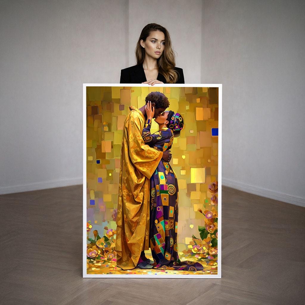 Image 3 of Klimt Inspired The Kiss Canvas | Golden Mosaic Couple Art