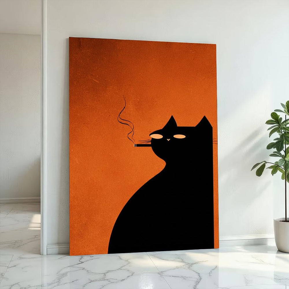 Black Cat Silhouette Canvas  Burnt Orange Minimalist Art