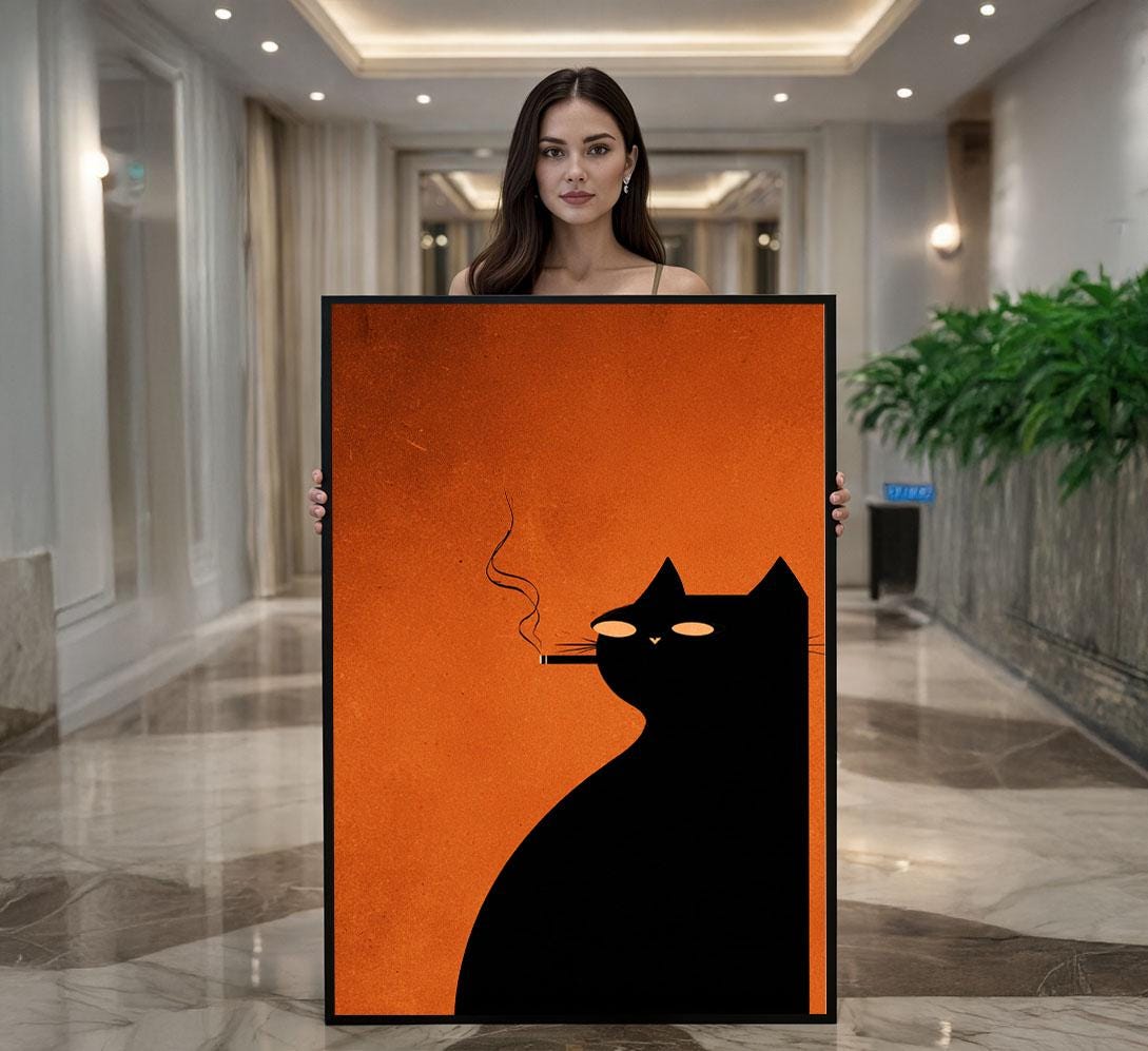 Image 1 of Black Cat Silhouette Canvas | Burnt Orange Minimalist Art