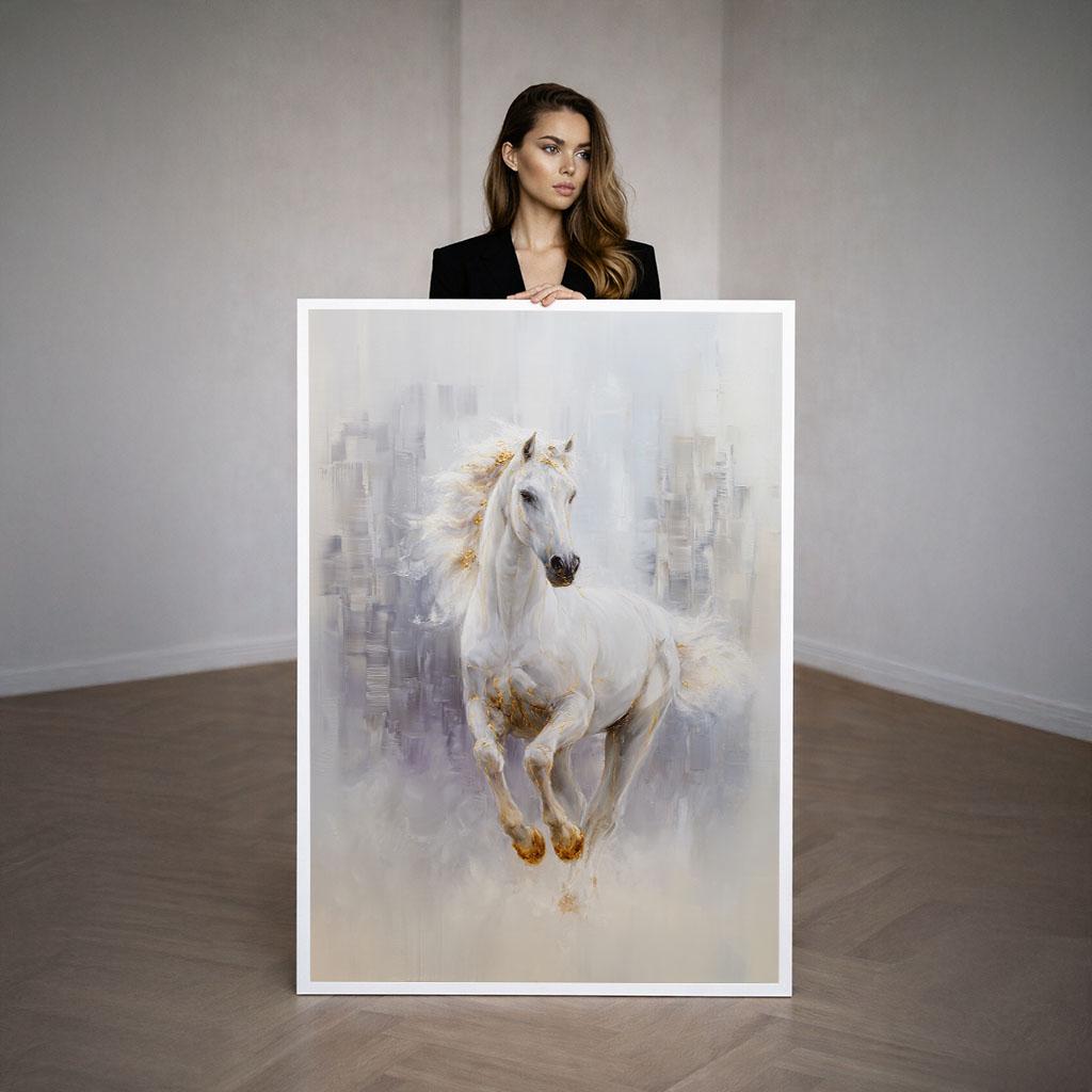 Image 3 of White Horse Canvas | Modern Art With Soft Pastel Colors