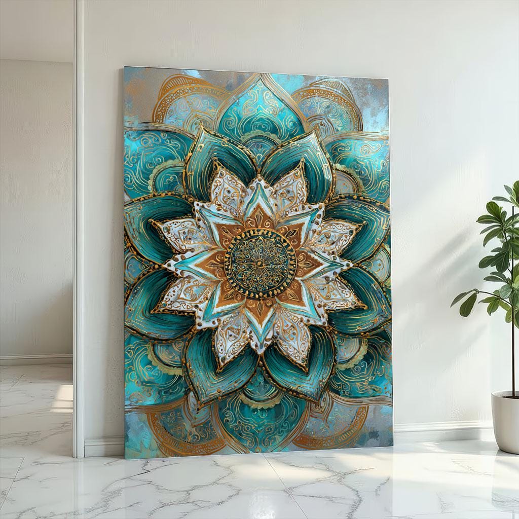 Image 2 of Transformative Teal Gold Mandala Canvas | Lotus Spiritual Art
