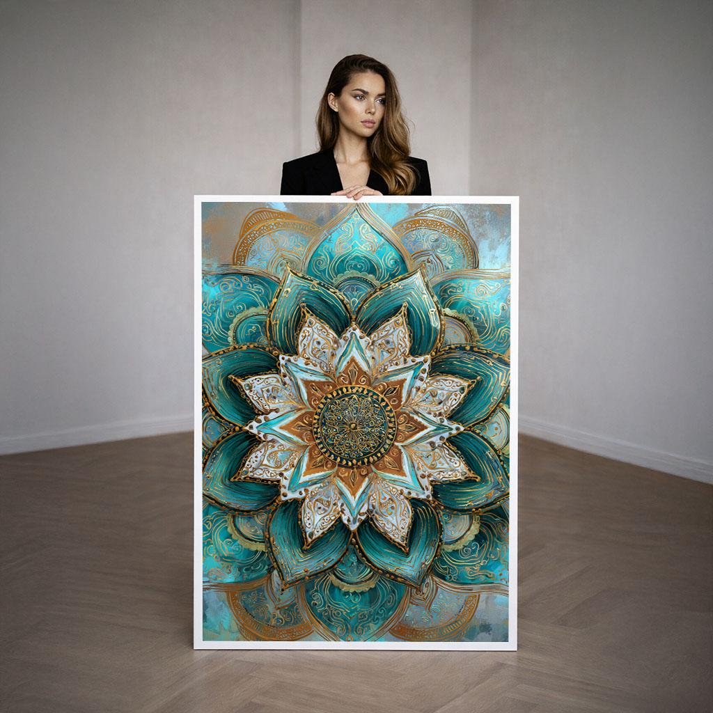Image 3 of Transformative Teal Gold Mandala Canvas | Lotus Spiritual Art