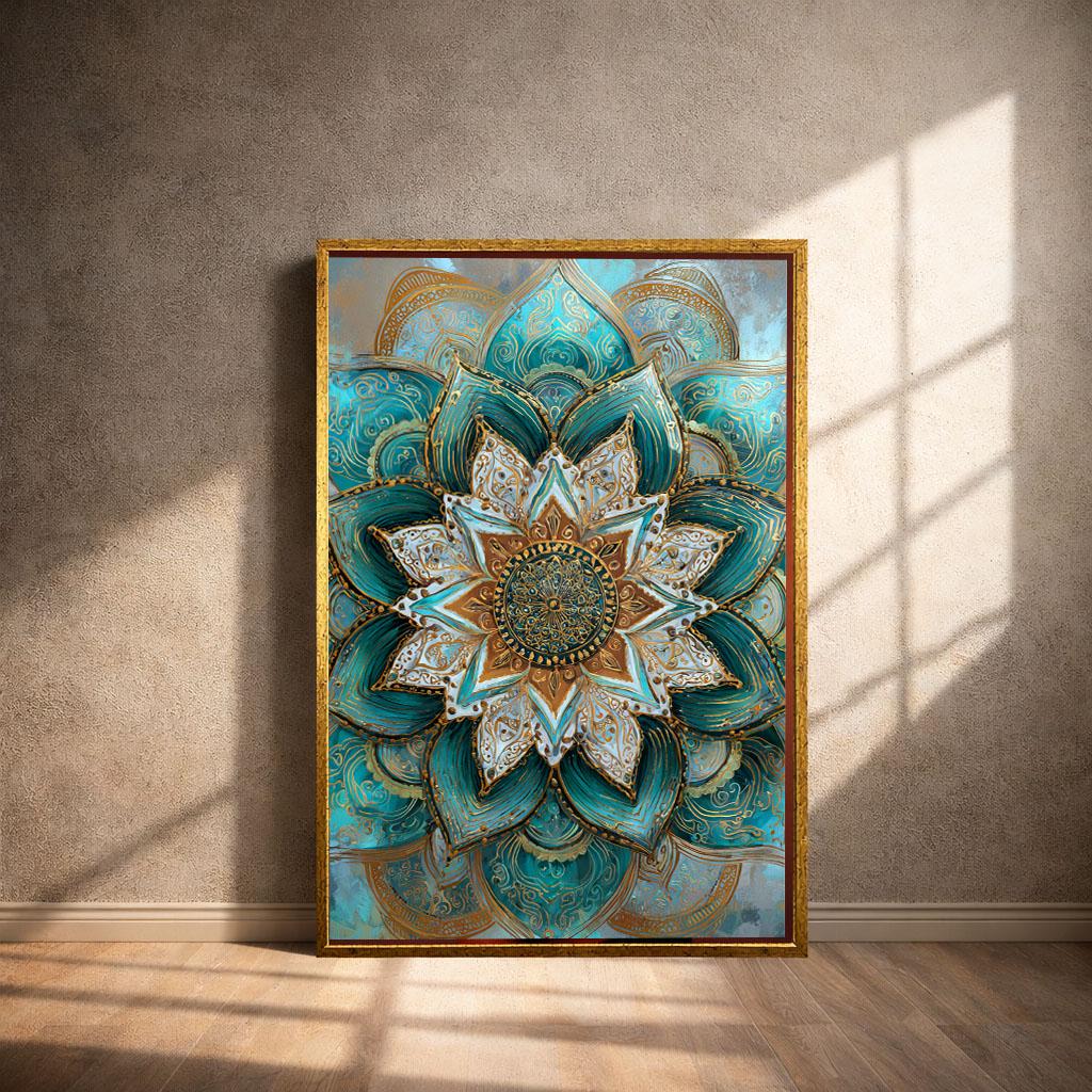 Image 4 of Transformative Teal Gold Mandala Canvas | Lotus Spiritual Art