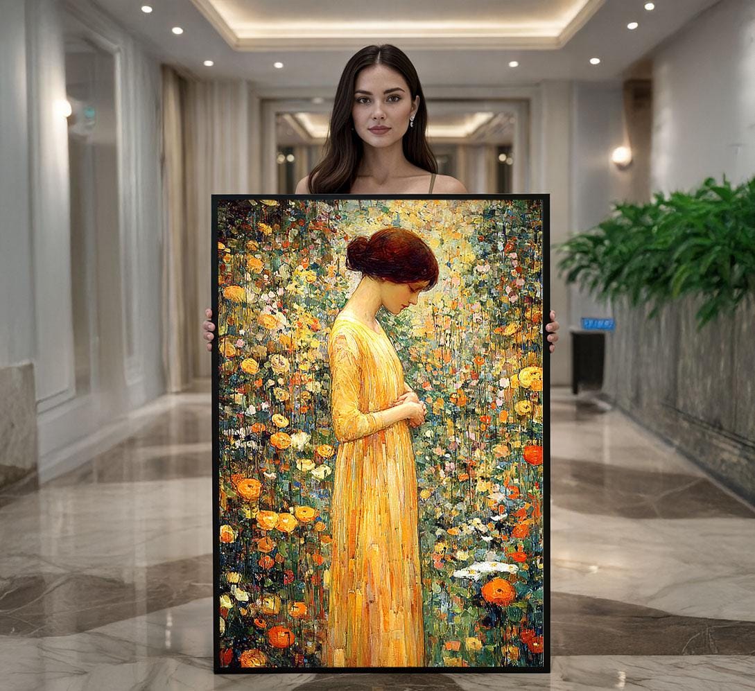 Image 1 of Golden Floral Field Canvas | Klimt Inspired Mosaic Art