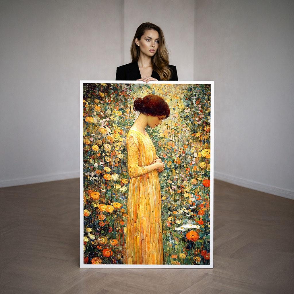 Image 3 of Golden Floral Field Canvas | Klimt Inspired Mosaic Art
