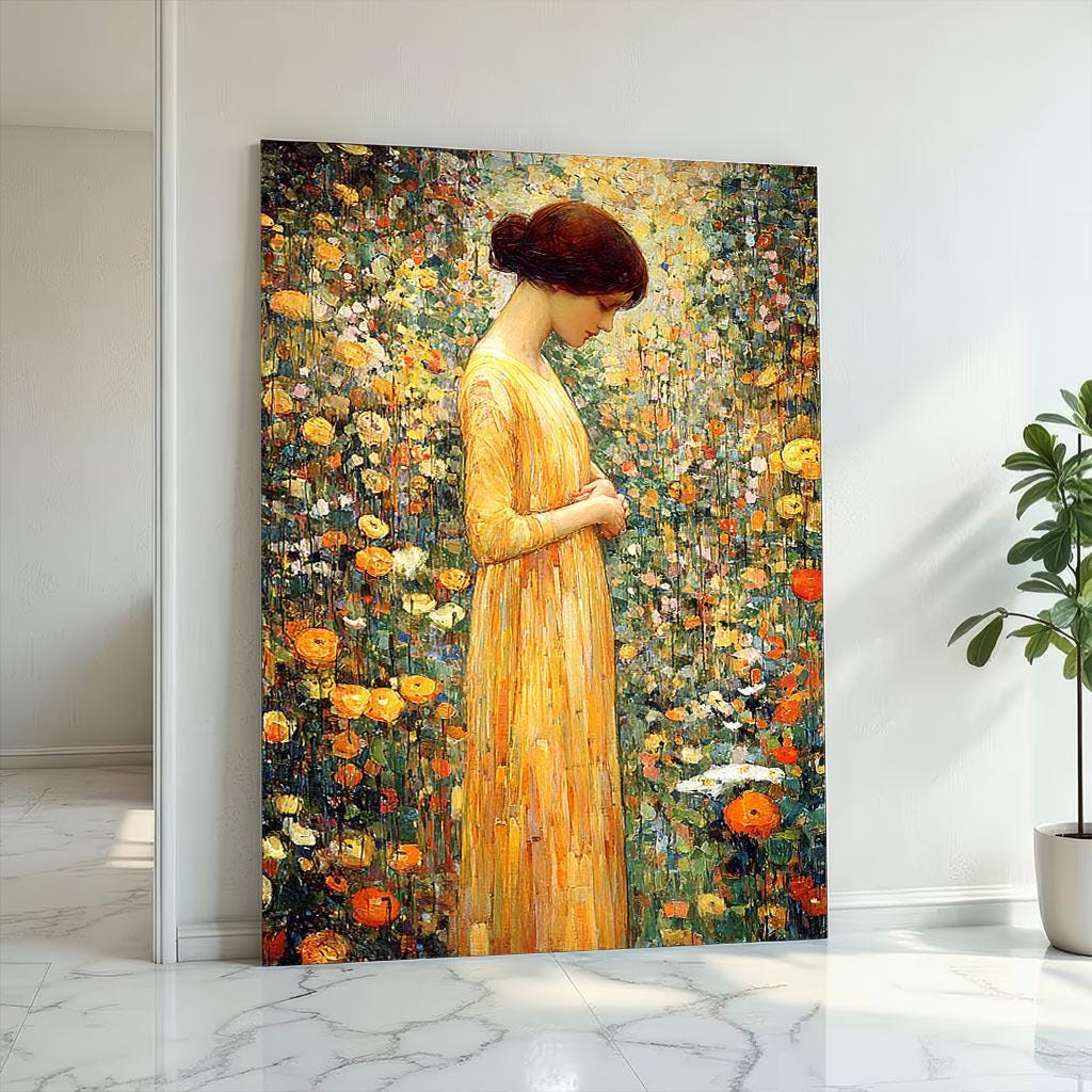 Image 2 of Golden Floral Field Canvas | Klimt Inspired Mosaic Art