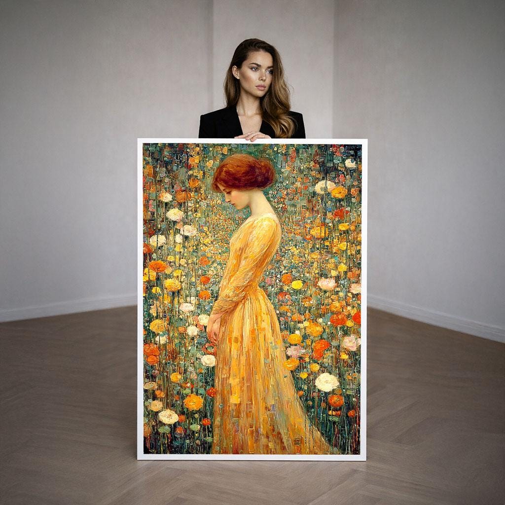 Image 3 of Golden Floral Portrait Canvas | Klimt Inspired Wildflower Art