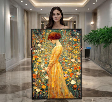 Image 1 of Golden Floral Portrait Canvas | Klimt Inspired Wildflower Art