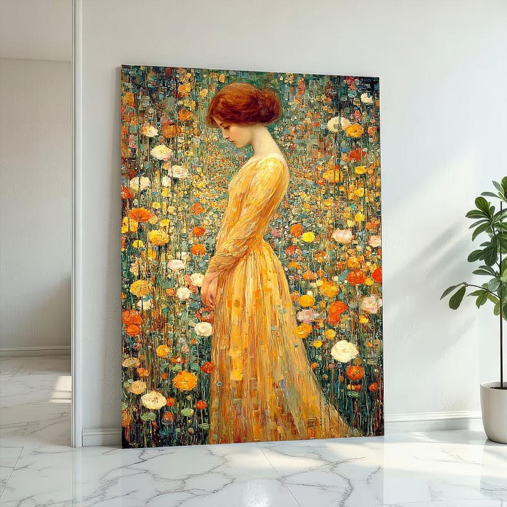 Golden Floral Portrait Canvas  Klimt Inspired Wildflower Art