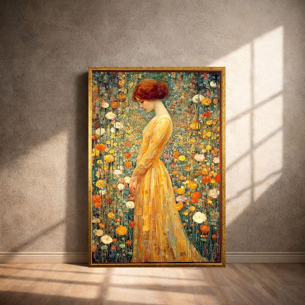 Image 4 of Golden Floral Portrait Canvas | Klimt Inspired Wildflower Art