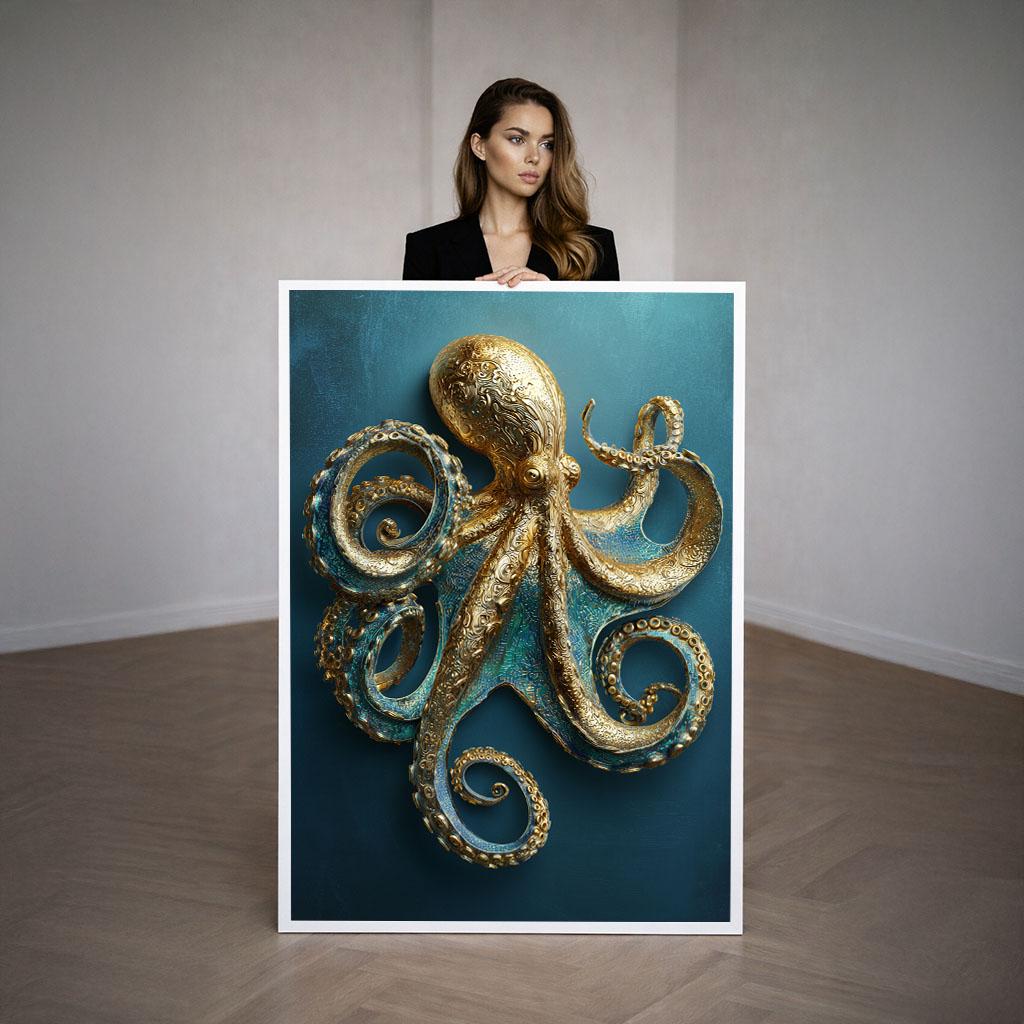 Image 3 of Golden Octopus Canvas | Patina Blue Marine Art