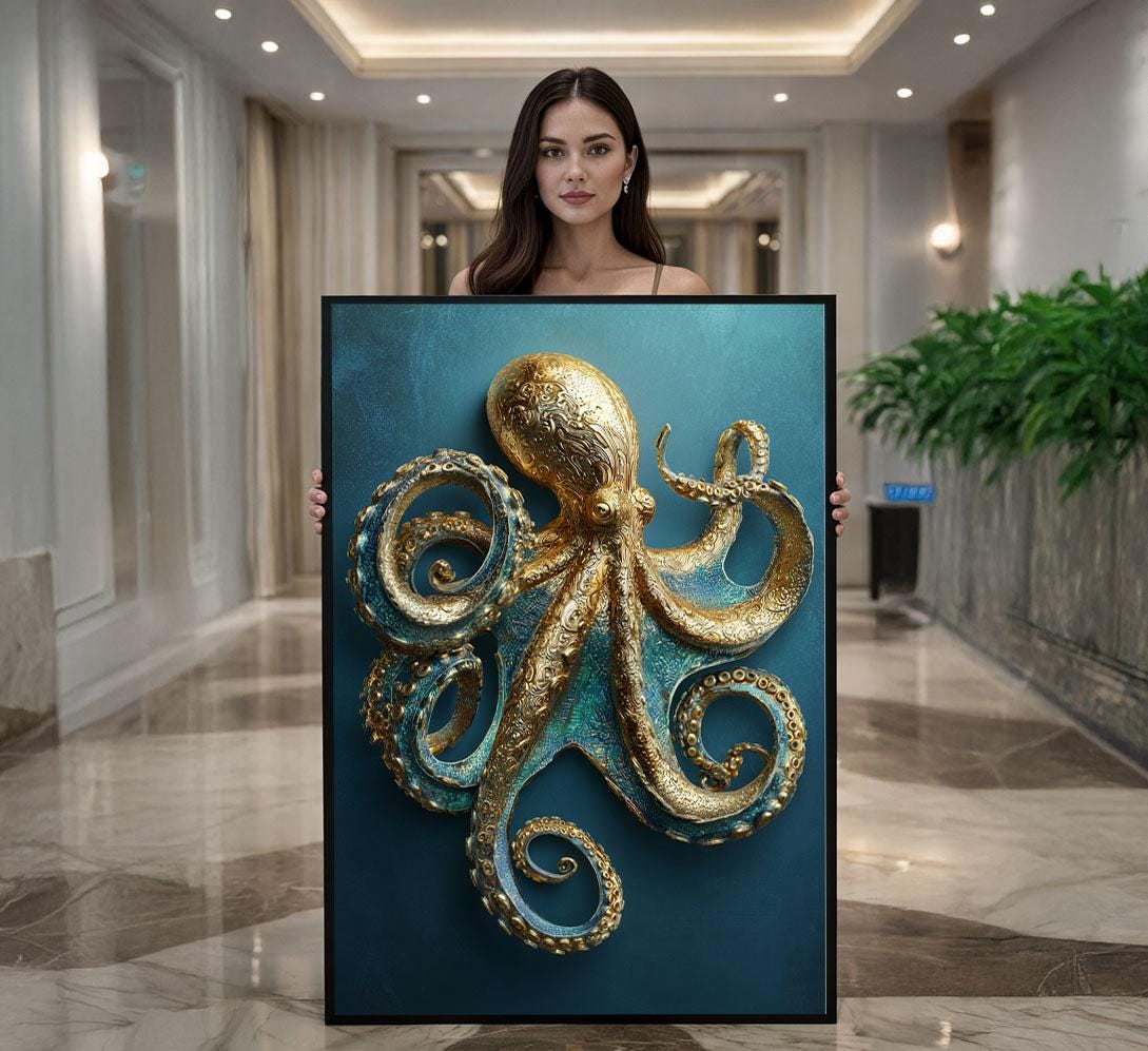 Image 1 of Golden Octopus Canvas | Patina Blue Marine Art
