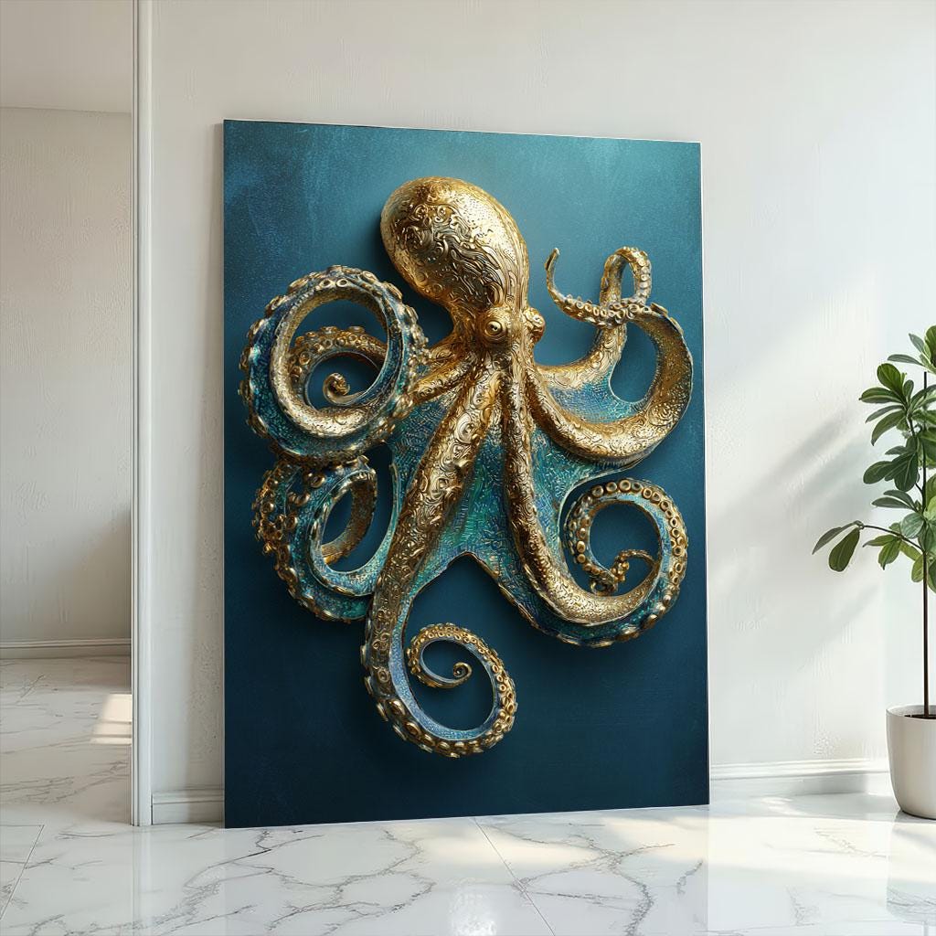 Image 2 of Golden Octopus Canvas | Patina Blue Marine Art