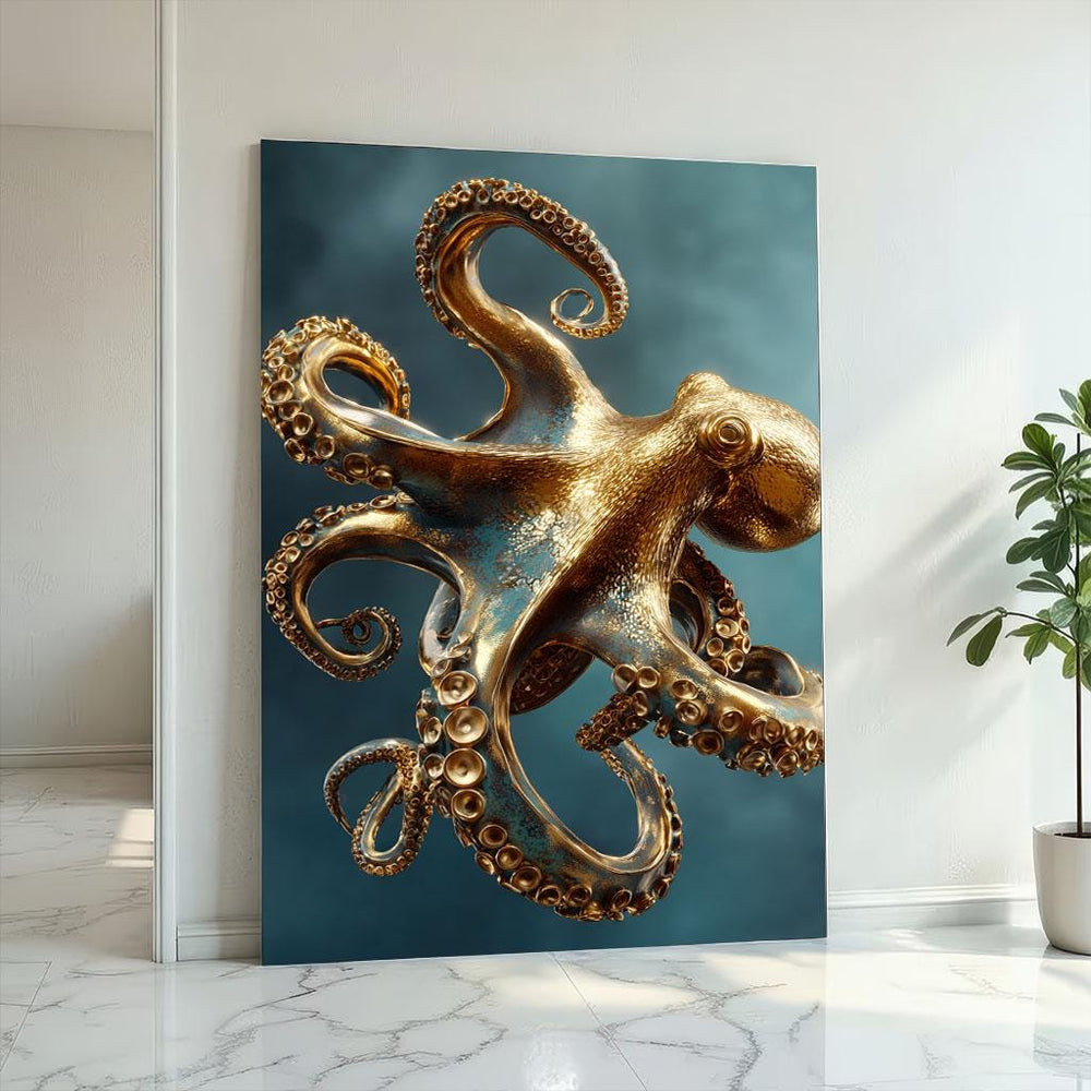 Golden Octopus Canvas  Patina Blue Marine Art