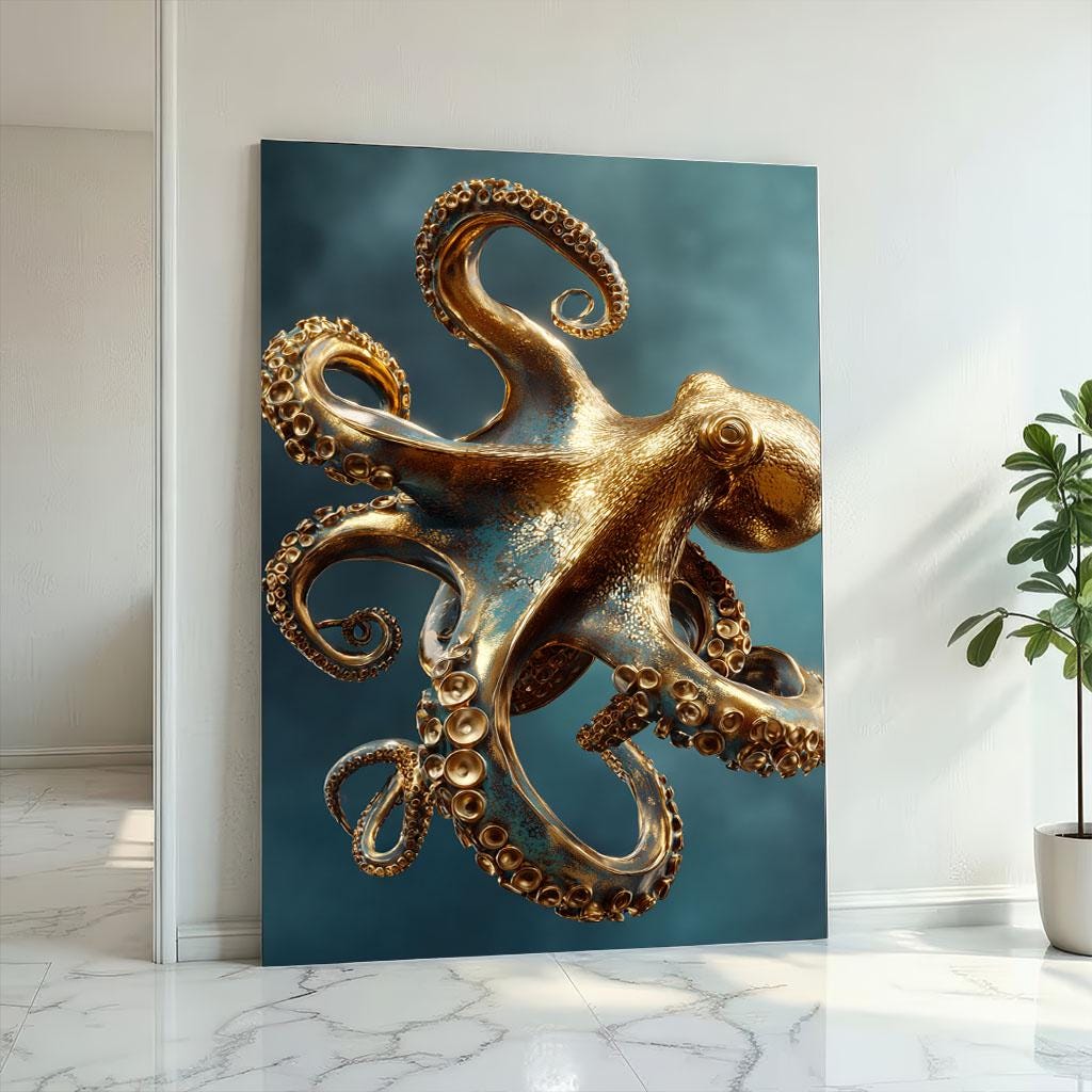 Image 2 of Golden Octopus Canvas | Patina Blue Marine Art