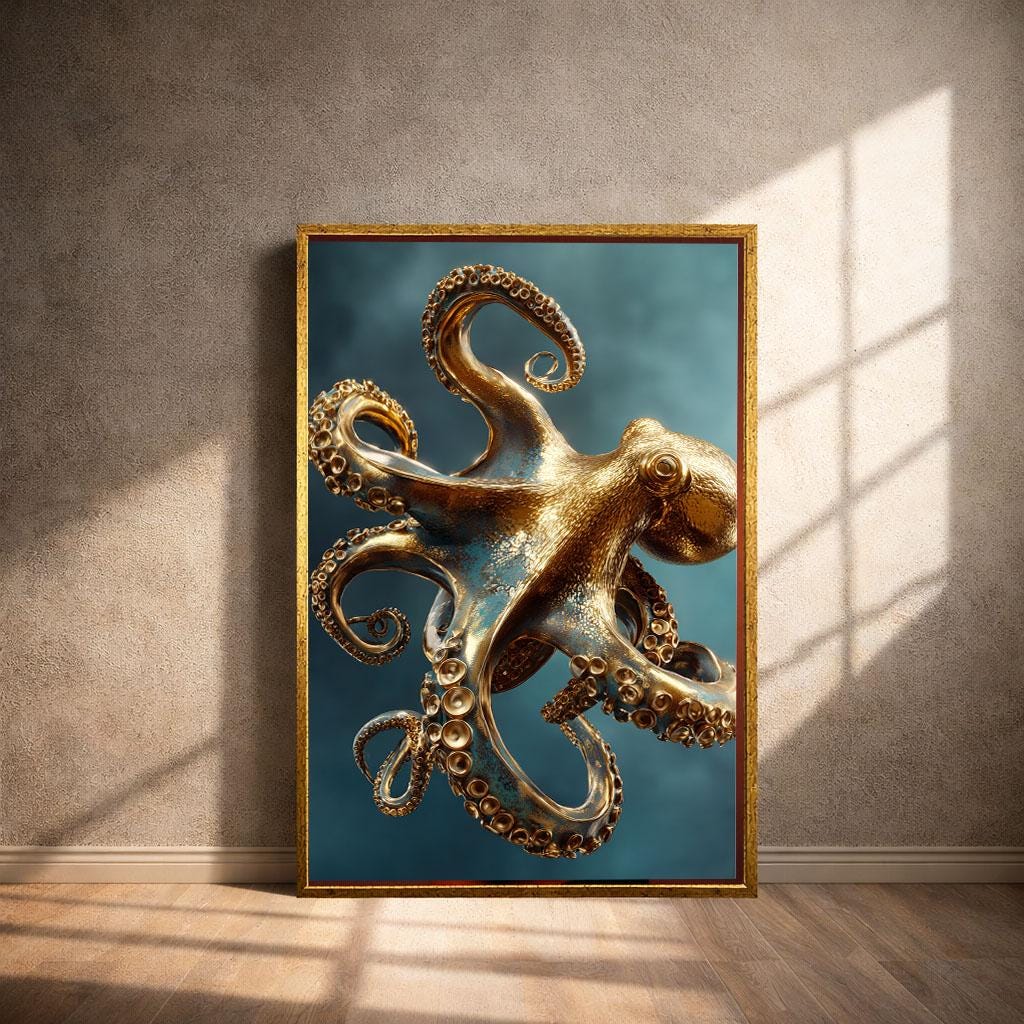 Image 4 of Golden Octopus Canvas | Patina Blue Marine Art