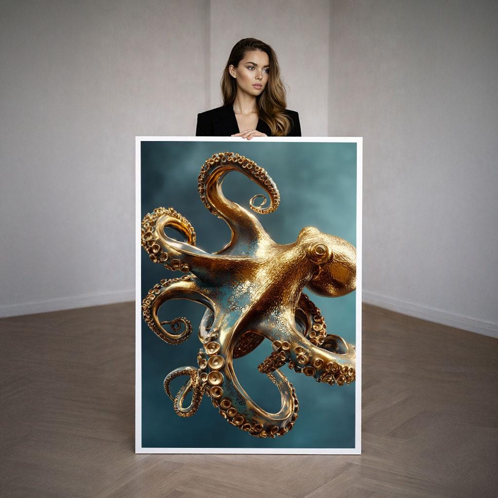 Image 3 of Golden Octopus Canvas | Patina Blue Marine Art
