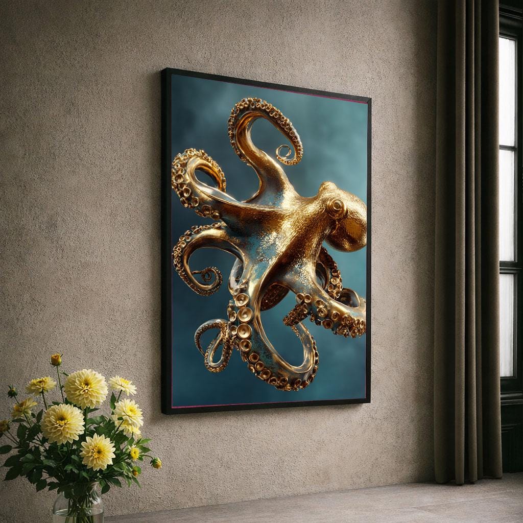 Image 6 of Golden Octopus Canvas | Patina Blue Marine Art