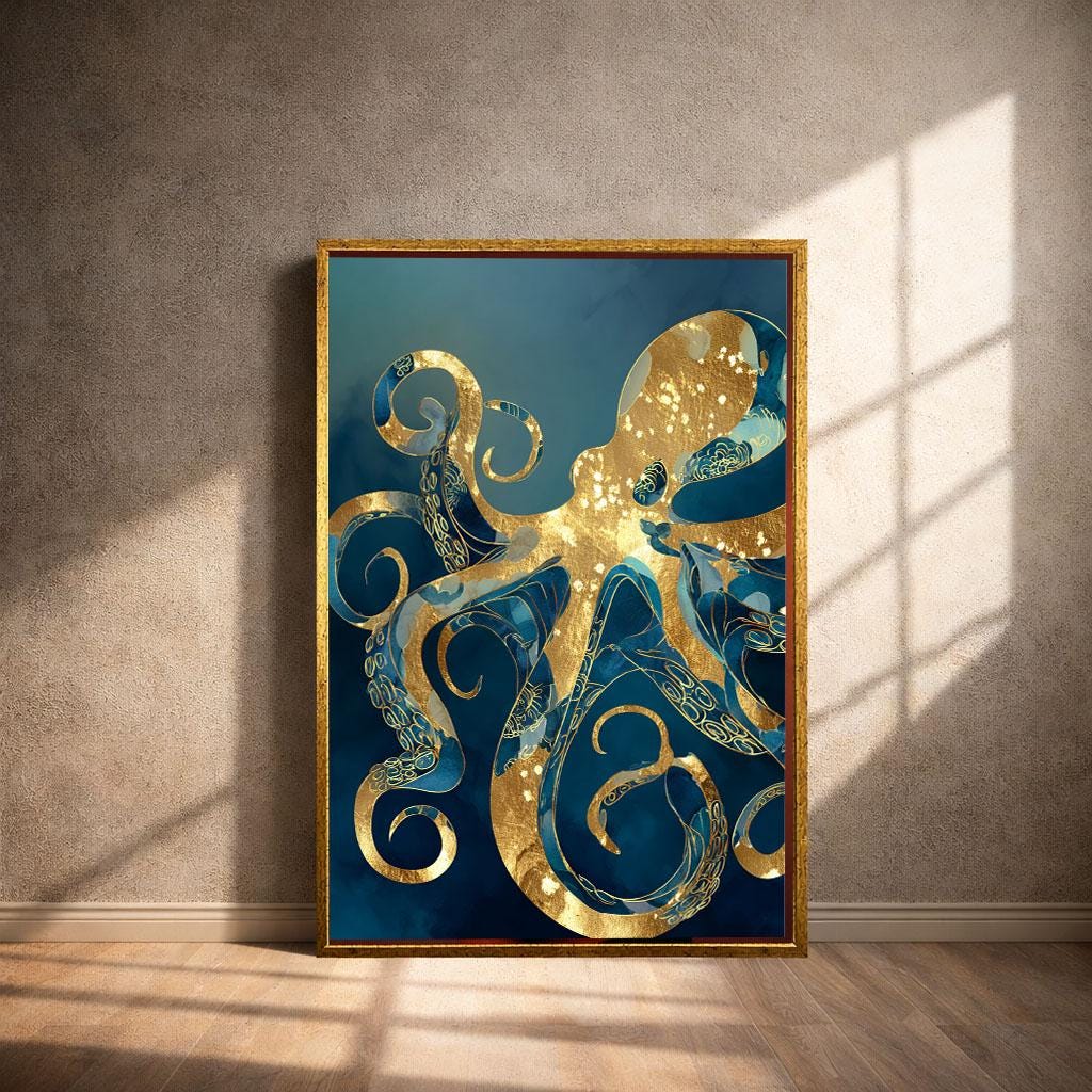 Image 4 of Golden Octopus Canvas | Patina Blue Marine Art
