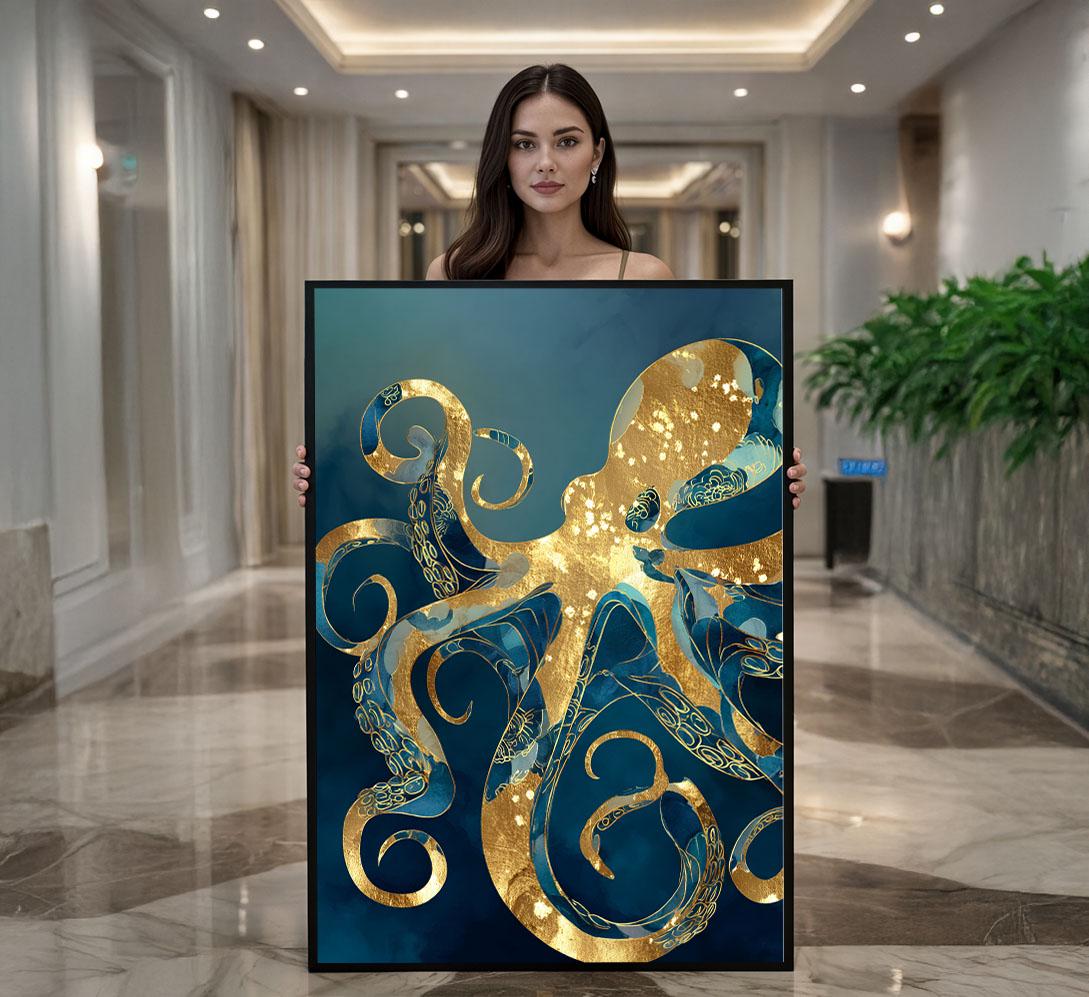 Image 1 of Golden Octopus Canvas | Patina Blue Marine Art