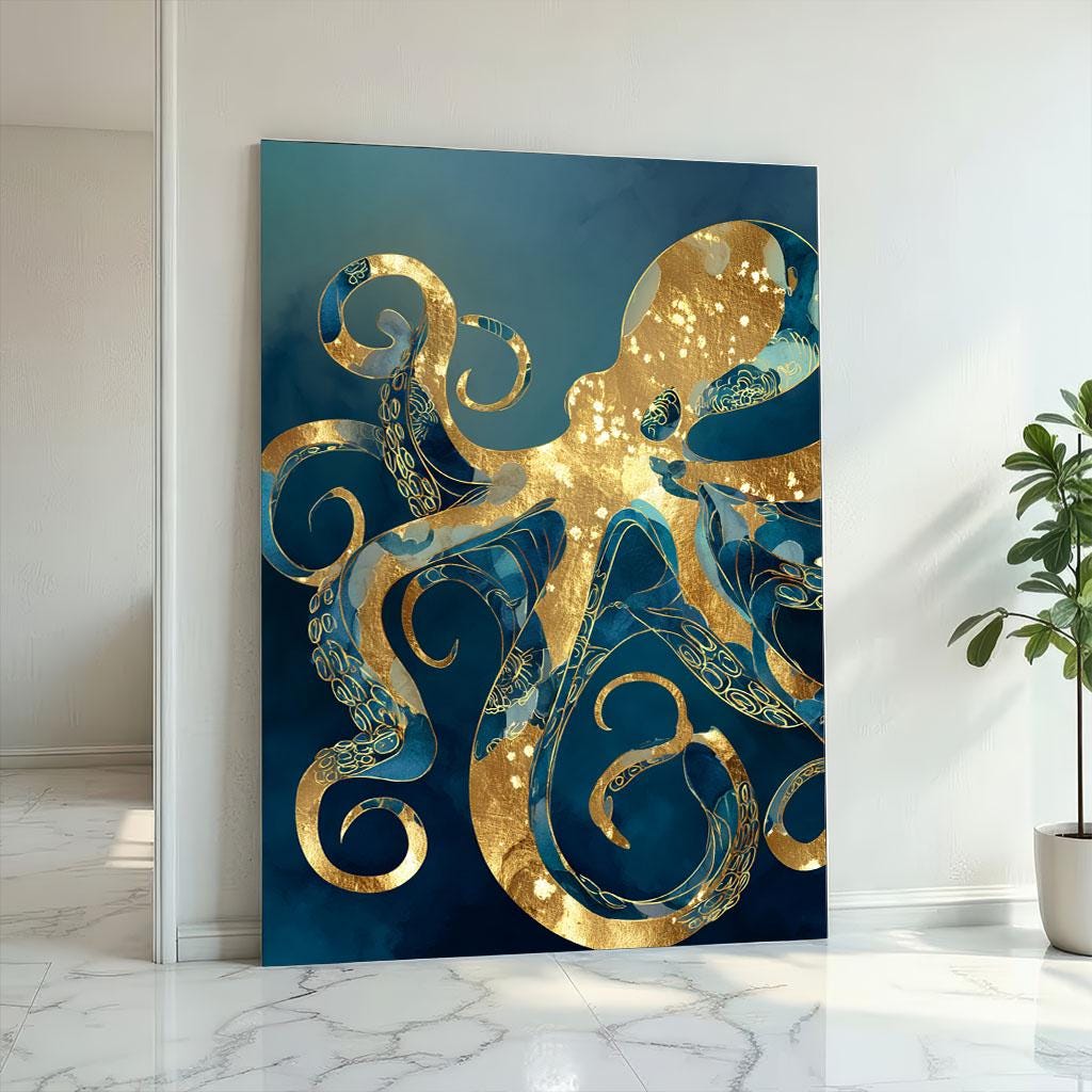 Image 2 of Golden Octopus Canvas | Patina Blue Marine Art