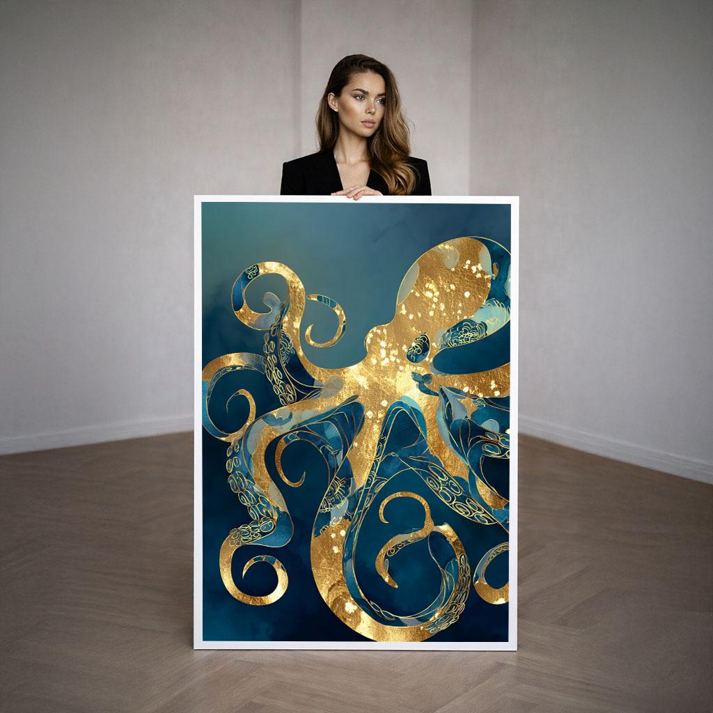 Image 3 of Golden Octopus Canvas | Patina Blue Marine Art