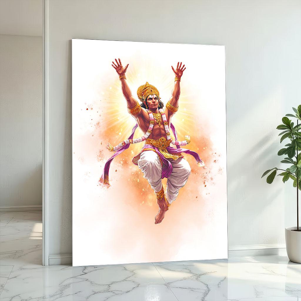 Image 2 of Lord Hanuman Canvas | Golden Halo Flying Warrior Art