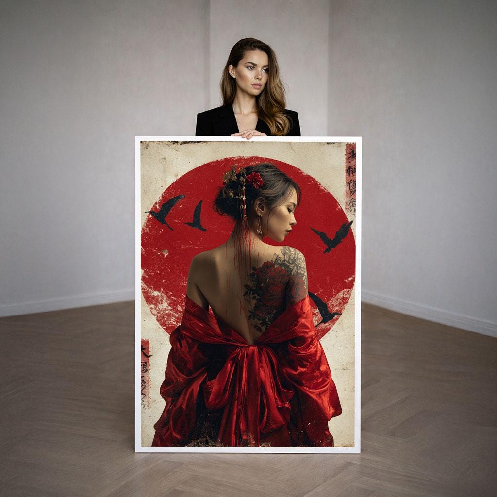 Image 3 of Geisha Inspired Canvas | Vintage Asian Art With Red Elegance