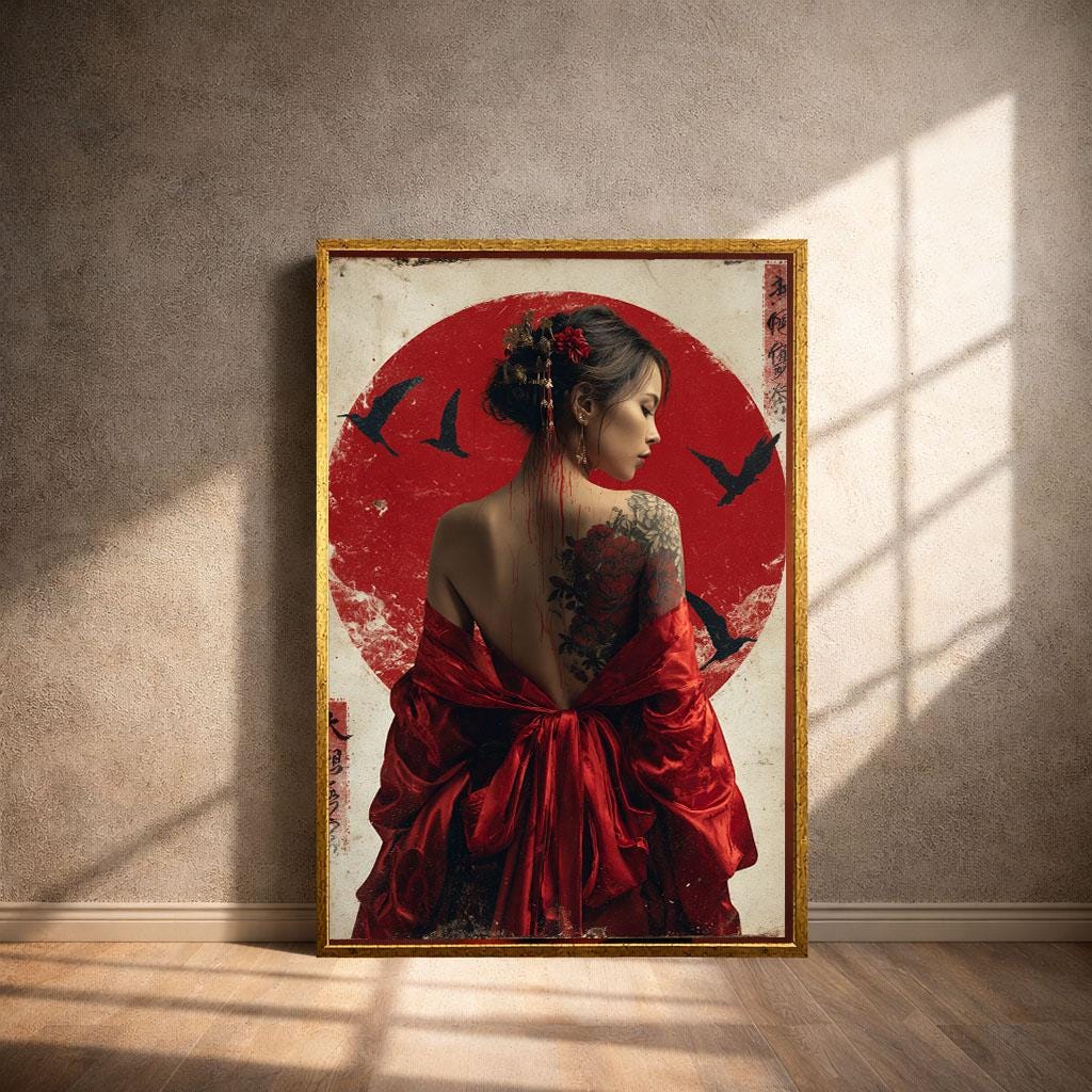 Image 4 of Geisha Inspired Canvas | Vintage Asian Art With Red Elegance