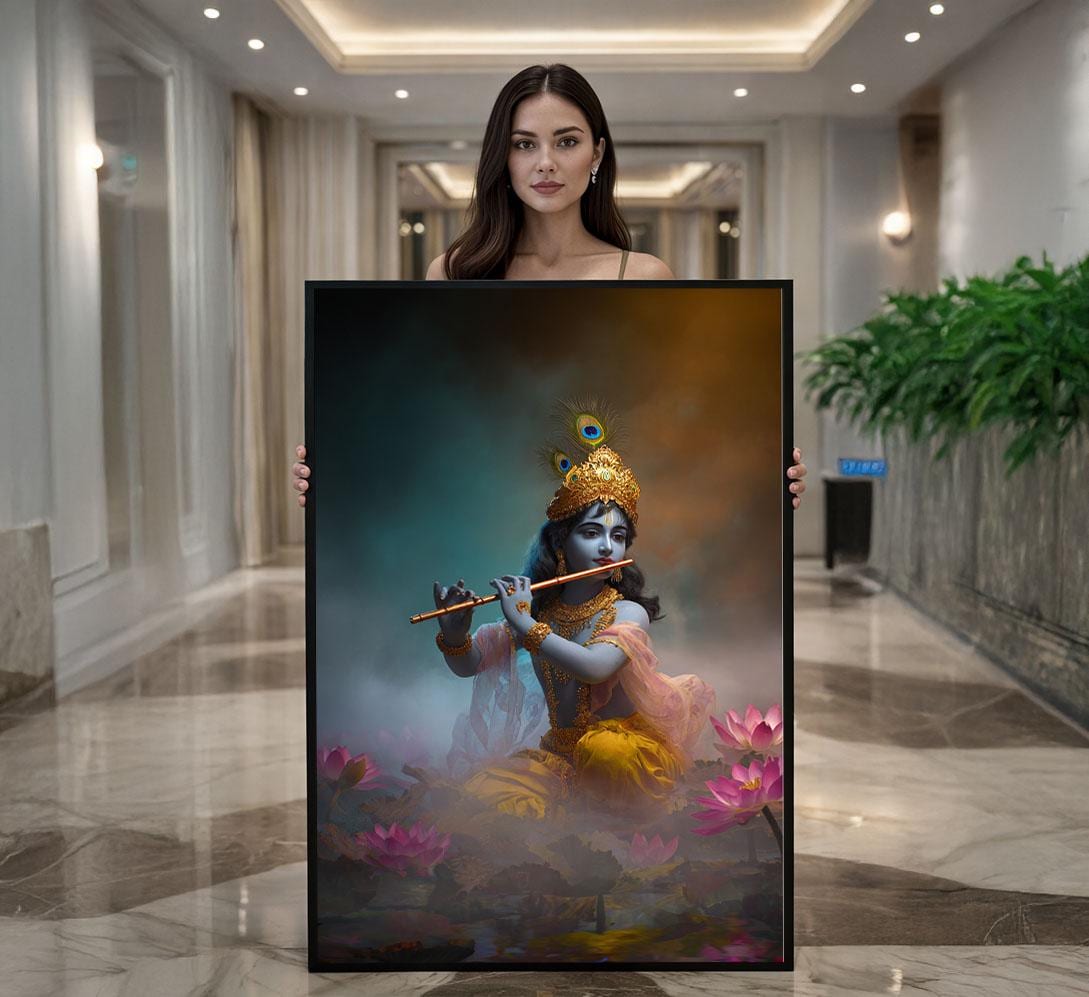 Image 1 of Krishna Flute Lotus Canvas | Golden Spiritual Art