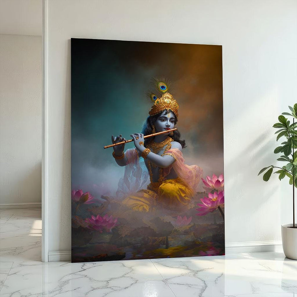 Krishna Flute Lotus Canvas  Golden Spiritual Art