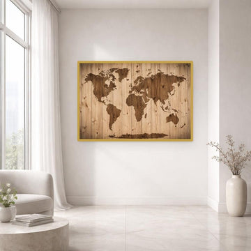 Brown Rustic Wall Art World Map on Wood Canvas Wall Art, Map Print, Living Room Decor, Framed Canvas