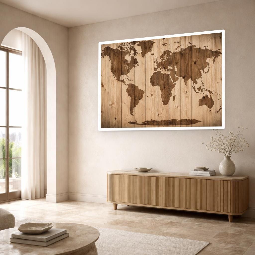 Brown Rustic Wall Art World Map on Wood Canvas Wall Art, Map Print, Living Room Decor, Framed Canvas