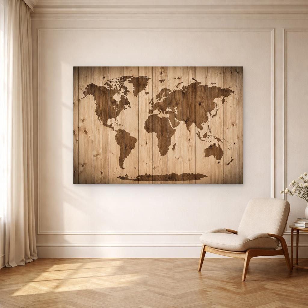 Brown Rustic Wall Art World Map on Wood Canvas Wall Art, Map Print, Living Room Decor, Framed Canvas