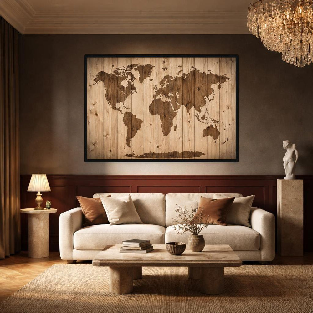 Brown Rustic Wall Art World Map on Wood Canvas Wall Art, Map Print, Living Room Decor, Framed Canvas