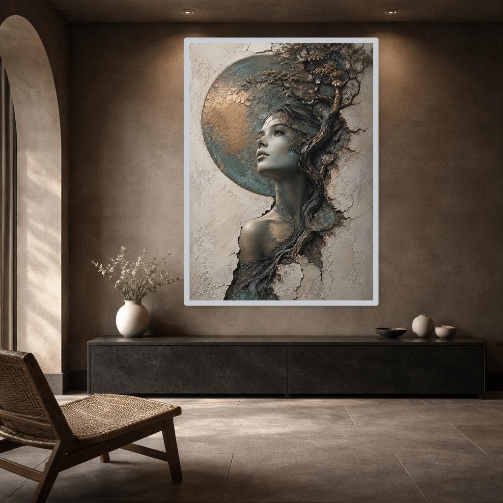 Woman with Tree Canvas Wall Art, Teal Artistic Portrait Nature Wall Art, Living Room Decor, Gallery Wall Art